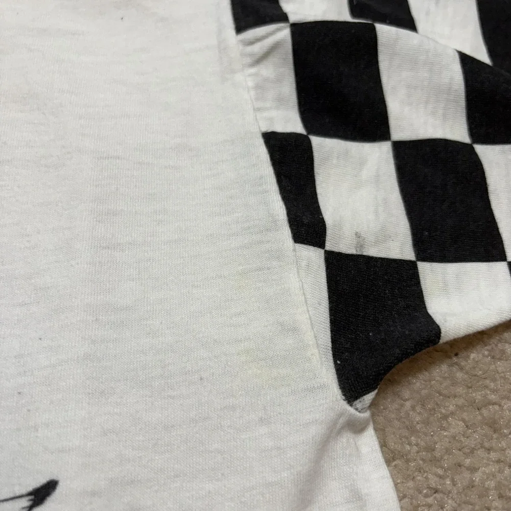 Vtg 70s NASCAR Shirt Ray Elder‎ XL 18-20 Fits Small White Sears Checkered Sleeve